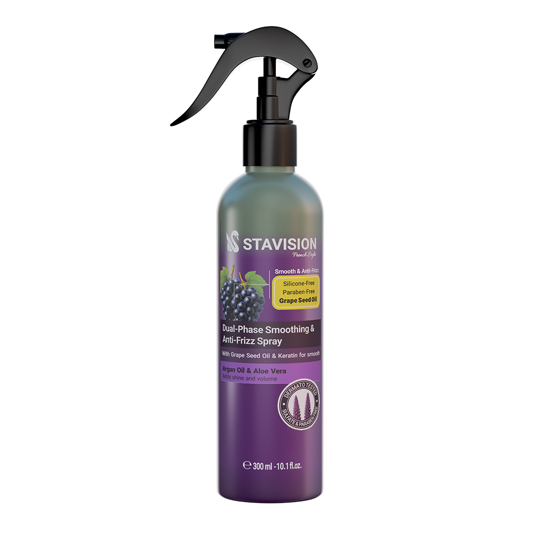 سرم افشانه ای دو فاز استاویژن مدل Grape Seed Oil حاوی روغن هسته انگور، کراتین، روغن آرگان و آلوئه ورا صاف کننده و ضد وز حجم 300میلی لیتر